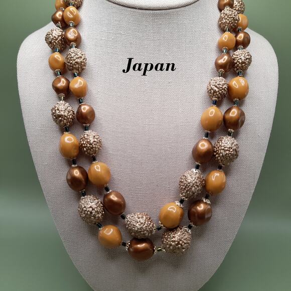 Vintage Japan Taupe Art Bead Necklace, Two Strands, 1950s, 23 Inches - Picture 1 of 14
